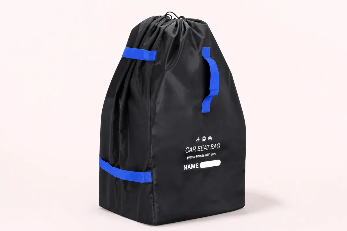 SeatPorter black car seat travel bag with padded backpack straps and NAME window, ready for gate check