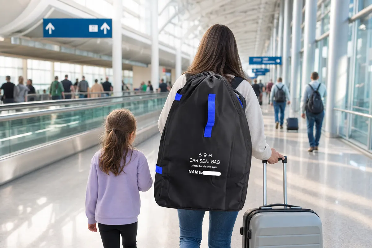 Parent carrying the SeatPorter car seat travel bag as a backpack through an airport terminal