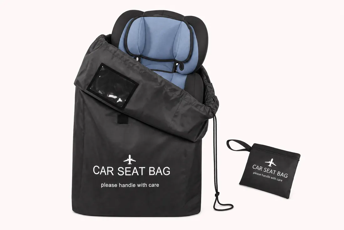 Convertible car seat sliding into the SeatPorter travel bag, zip pouch beside it